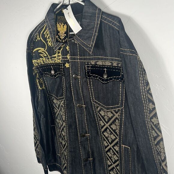 🔥🔥 “NWT” ROYAL ARMY Black Denim & Gold JACKET “Affliction Style” - Sz Large - Picture 6 of 12